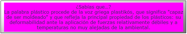 Cuadro de texto: Sabas que?
La palabra plstico procede de la voz griega plastiks, que significa "capaz de ser moldeado" y que refleja la principal propiedad de los plsticos: su deformabilidad ante la aplicacin de fuerzas relativamente dbiles y a temperaturas no muy alejadas de la ambiental.
